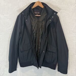 Michael Kors Men’s Coat Jacket Dark Navy Blue Zip Up Hidden Hood Large